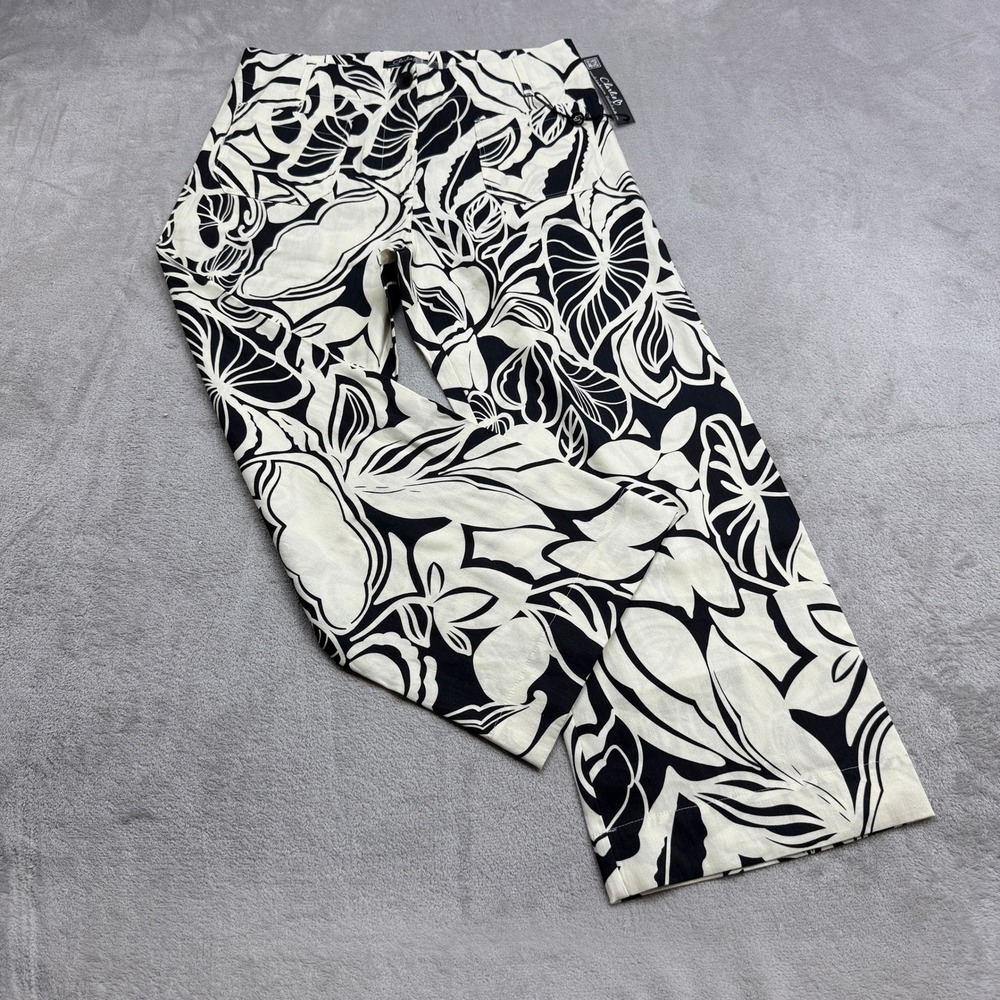 Charlie B Wide Leg Pants Women 12 Black White Botanical Linen Blend Coastal Boho